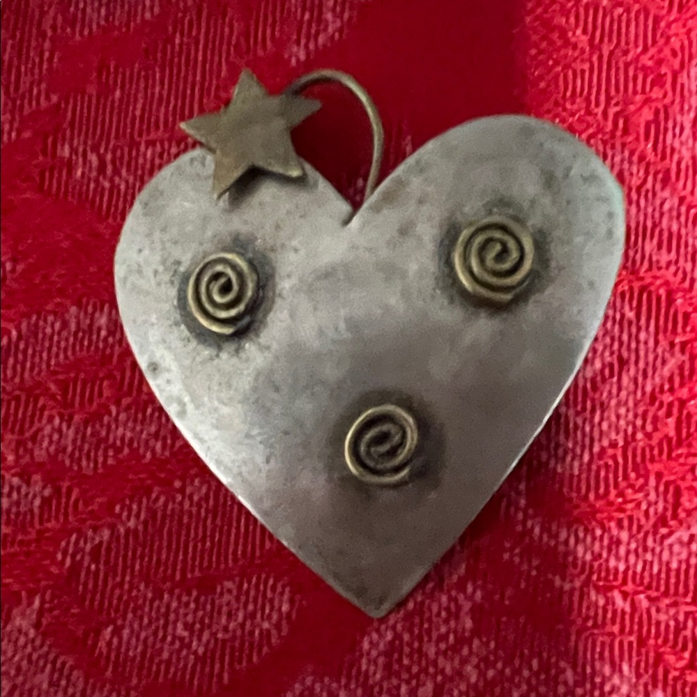 Vintage Silver Tone Heart Pendant Brooch Star Swirl Artisan Jewelry